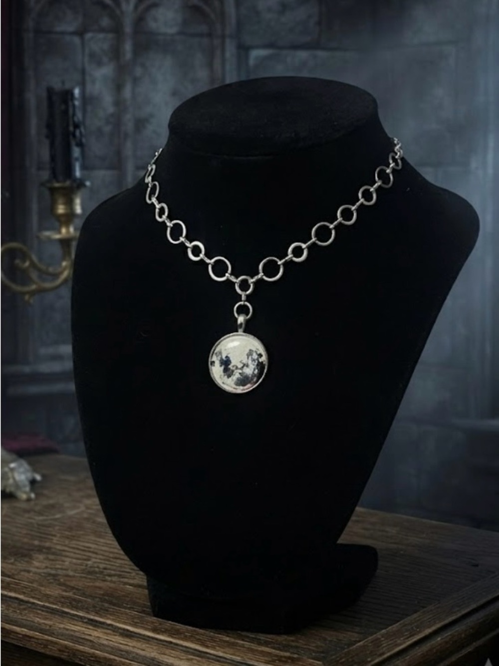 Hand Crafted Silver Moon Pendant Necklace (Glows In Dark)